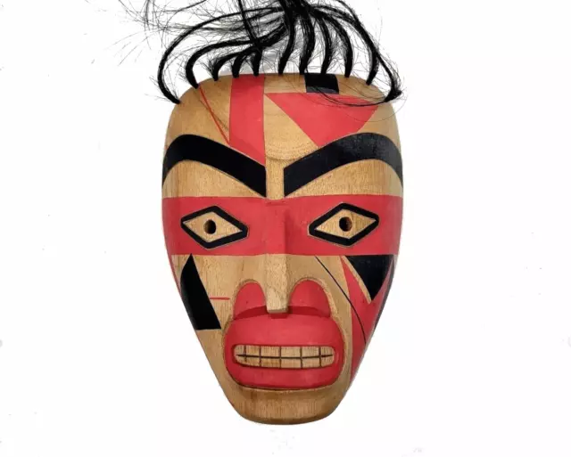 Pacific Northwest Coast Warrior Mask Alder Wood Horse Hair Hand Carved Haida