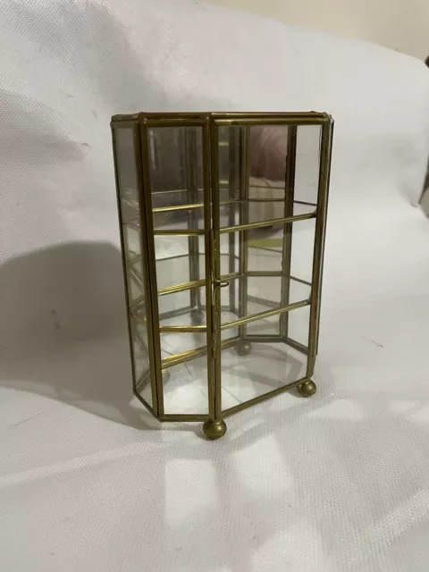 Brass & Glass Mini Curio Cabinet  Jewelry Trinket 3 Panel Display Vintage