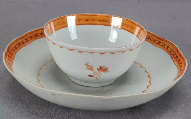 18th Century Chinese Export Hand Painted Red Orange Floral Tea Bowl & Saucer