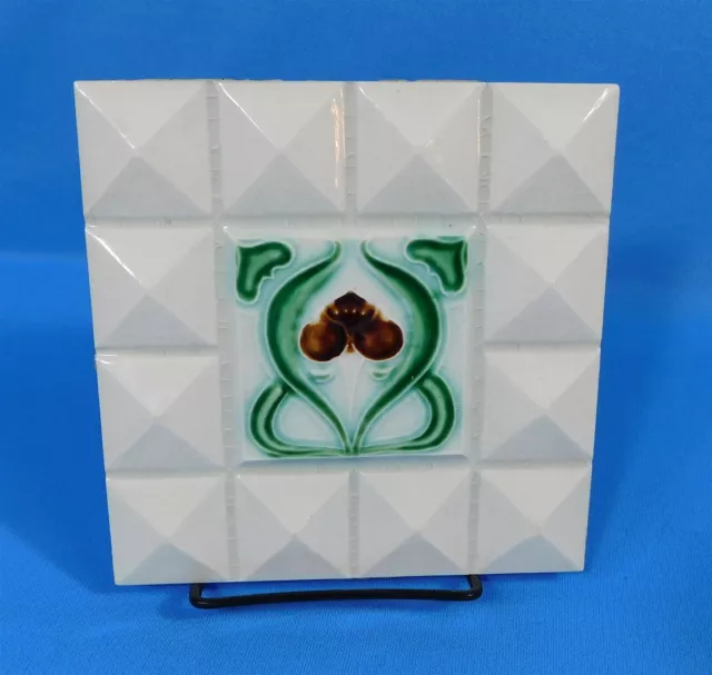 Antique Majolica Tile Belgium Sm C1900 Art Nouveau Green Brown Cream Floral