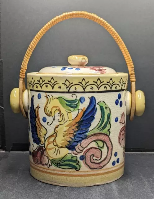 Vintage Hand Painted Japan Biscuit Jar Phoenix & Fleur Di Lis Wicker Handle