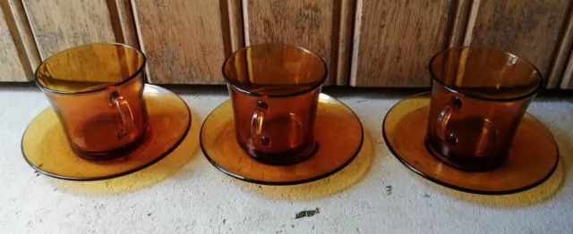 VIT Set de 3 tasses et sous tasses à café en verre ambré orange DURALEX vintage