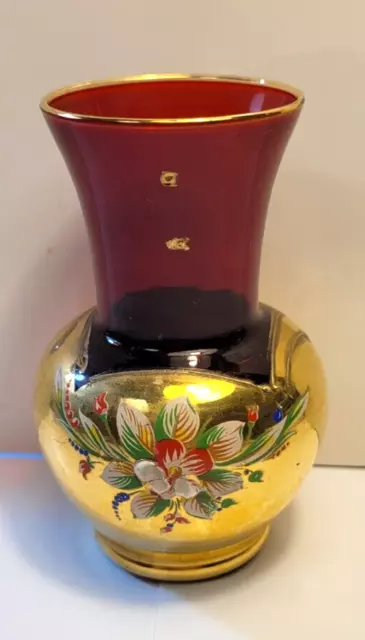 Vintage Italian Ruby Red and Gold Art Glass Miniature Vase 3.75''