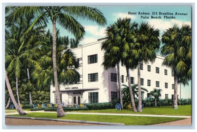 Palm Beach Florida Postcard Hotel Ardma Braxillian Avenue c1940 Vintage Antique