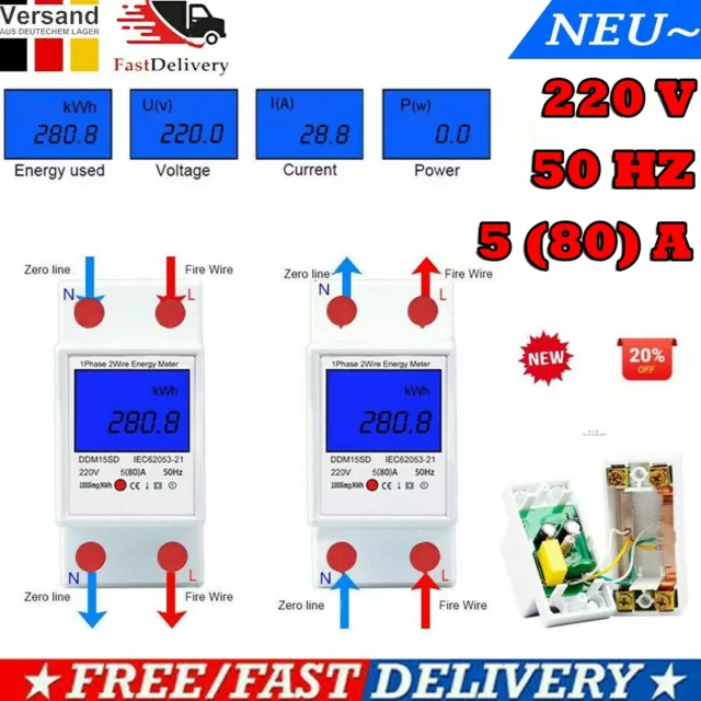 220V/5(80)A LCD Digitale Wechselstromzähler Stromzähler Wattmeter DIN Hutschiene