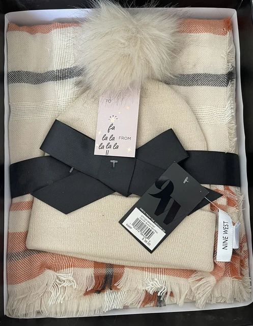 New In Box NINE WEST Womens Scarf And Hat Set Blush Plaid Ready to Gift or Keep