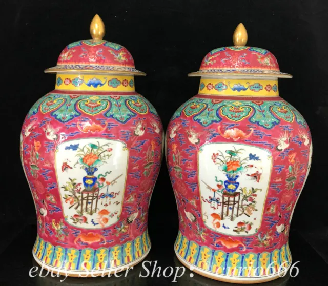 Old Qing Marked Enamel Color Porcelain Gilt Shou Tao Animal Crock Pot Jar Pair