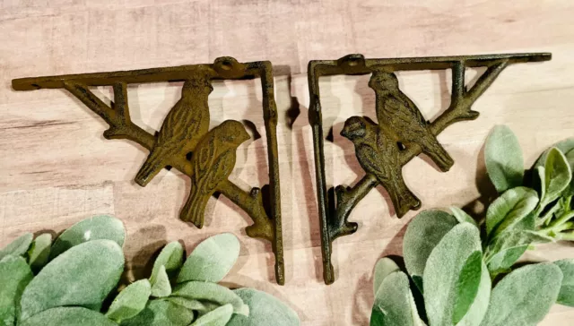 Pair 2 Cast Iron Antique-Rust Brown BIRD on BRANCH Brackets Braces Shelf corbels 8