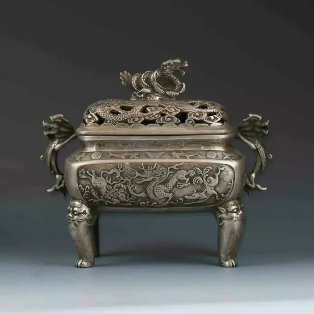 Chinese Tibetan Silver Hand-carved Dragon Incense Burner&Lid XuanDe Mark