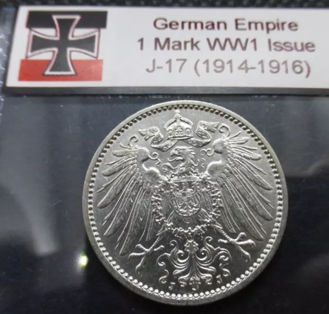 German Empire Silver Coin - 1 Mark WW1 Issue 1914-1916 Reich Rare Artifact 0.900