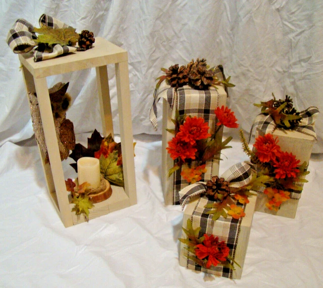 Handmade rustic owl lantern set reclaimed wood decor battery candle 4 piece