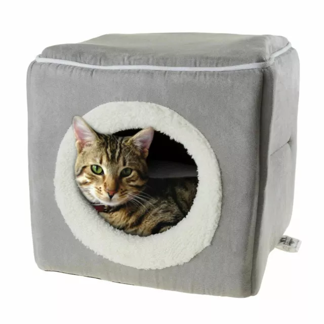 Cat Cube Hideout Cave Gray 12 x 12 Removable Cushion Kitty Cavern Bed