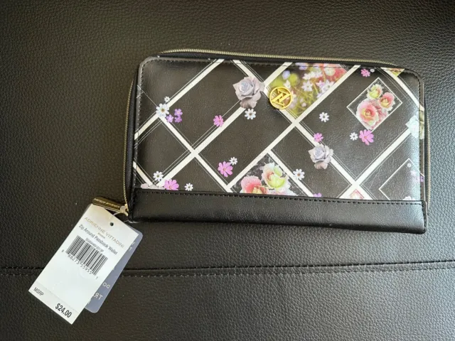 New Adrienne Vittadini Travel Wallet Passport Vegan Leather Black Floral Design