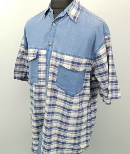 Mens Vintage Shirt LARGE 90s Y2k Short Sleeve Hippy Retro Loose Relaxed Blue
