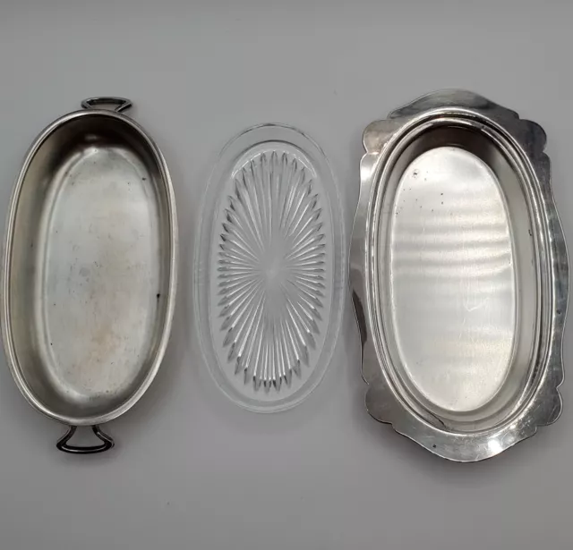 SHERIDAN Butter Dish 8" Silver Plate 3pc Glass Insert Handled Lid Plain READ VTG