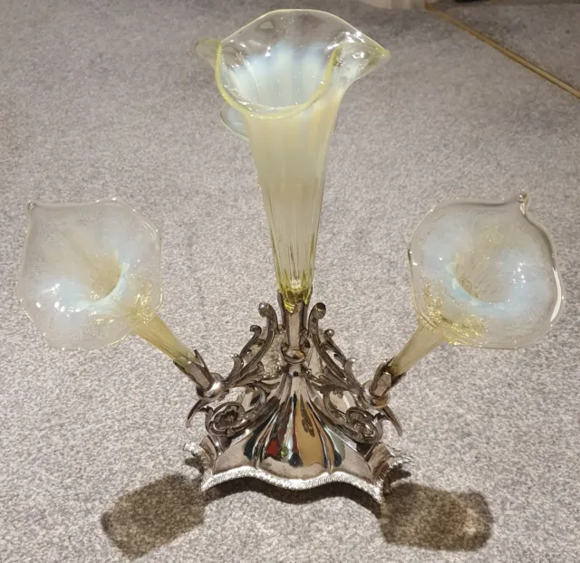Victorian Antique Silver Plated Vaseline Uranium Glass Epergne Centrepiece Vase