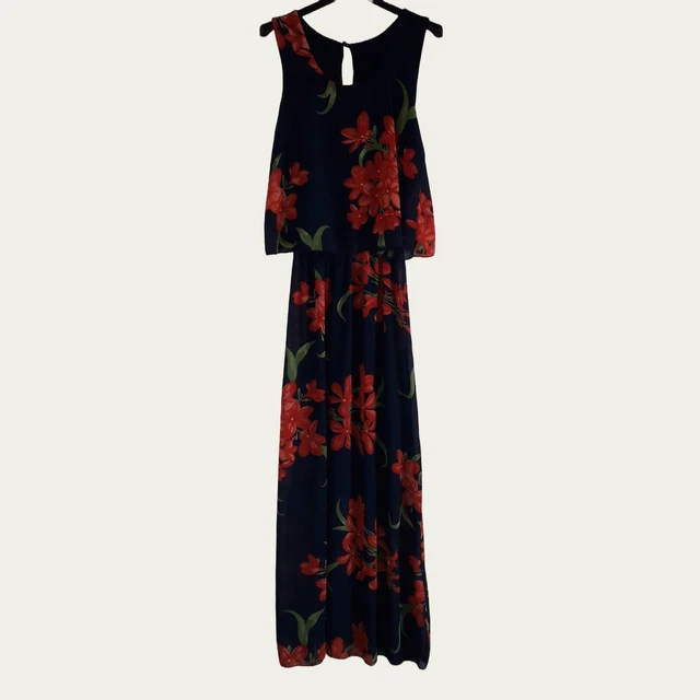 Vestito lungo blu a fiori rossi tg. S/M impero maxi abito estivo donna chiffon