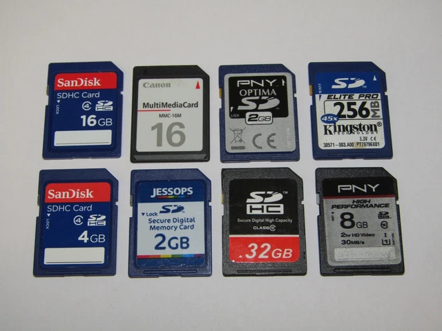 Lote de trabajo de 8 tarjetas de memoria SD 32 GB 16 GB 8 GB 4 GB 2 GB 256 MB