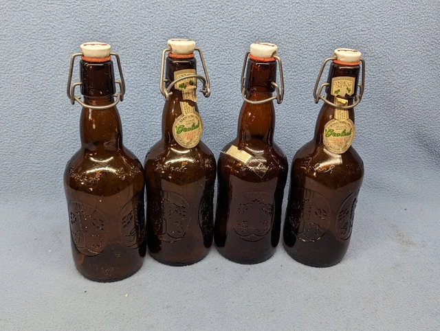 Old Vintage Grolsch Lager Brown Beer Bottles w Porcelain Swing Top Lids Lot Of 4