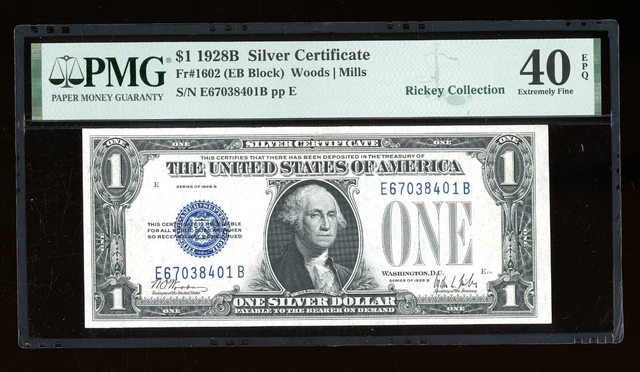 DBR 1928-B $1 Silver Funnyback Fr. 1602 EB Block PMG XF-40 EPQ Serial E67038401B