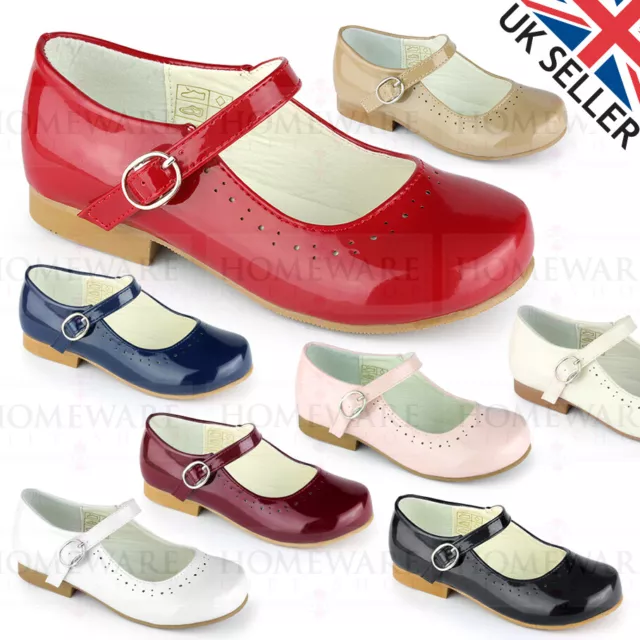 Girls Spanish Style Shoes Mary Jane Patent Pink White Ivory Navy Red Camel Uk4-2
