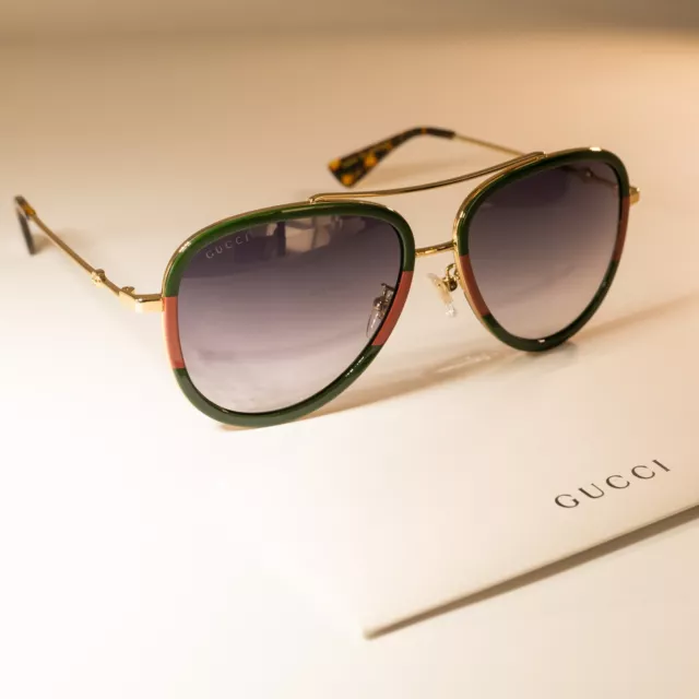 Gucci GG0062S 003 57mm Aviator Green/Red Unisex Sunglasses with Light Grey Lens