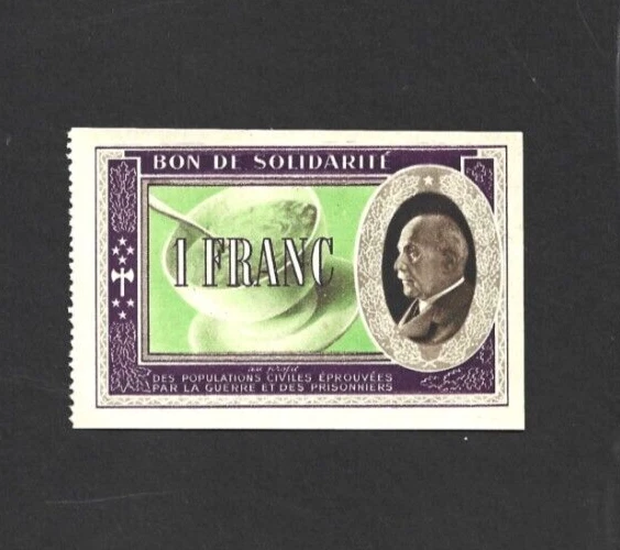 1 Franc Unc  Bon De Solidarite Note From France  1940'S