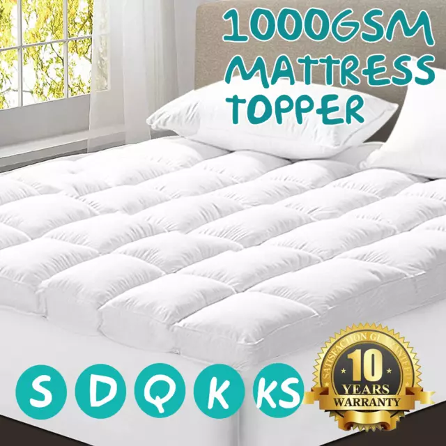 Hotel King Single Mattress Topper Pearl Cotton Fibre Pillowtop Protector 1000GSM