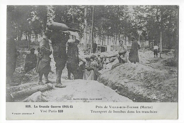 Militaire Guerre 1914 Pres De Ville Sur Tourbe Transport De Bombes Dans Tranchee