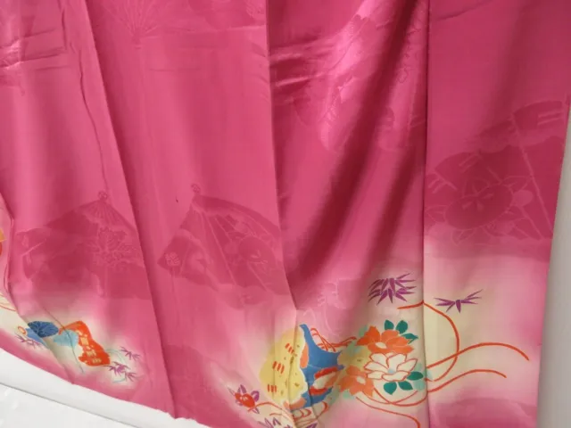 1418T05z570 Antique Japanese Kimono Silk IROTOMESODE Dark pink Folding fan 5