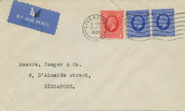 GB 1935 George V 1d and 2 ½d (pair) mixed Airmail Postage LIVERPOOL - SINGAPORE