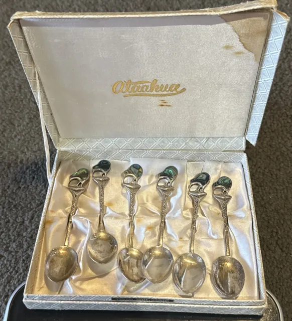 Antique Vintage Boxed Set of 6 Sterling Silver Paua Shell Teaspoons Spoons