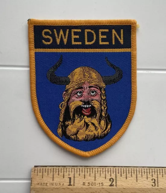 Sweden Swedish Viking Horn Helmet Scandinavian Souvenir Blue Woven Patch Badge
