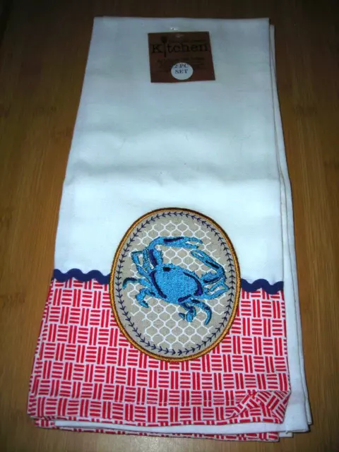 Kay Dee Designs Kitchen Towel 18x28 Applique Blue Crab Tea Towel White Red Set 2