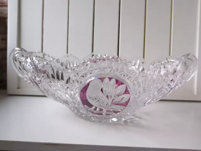 Bohemian Hofbauer Lead Crystal Boat Shape Glass Large Cranberry/Red With Bird