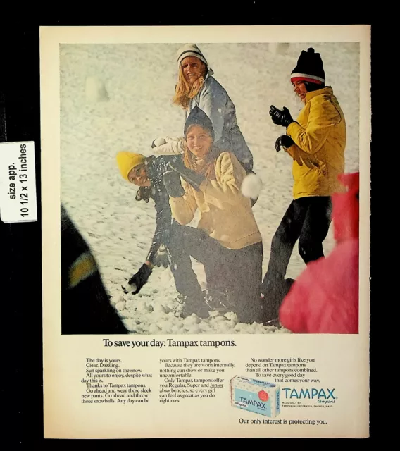 1972 Tampax Tampons Sanitary Snowball Fight Women Snow Vintage Print Ad 22948