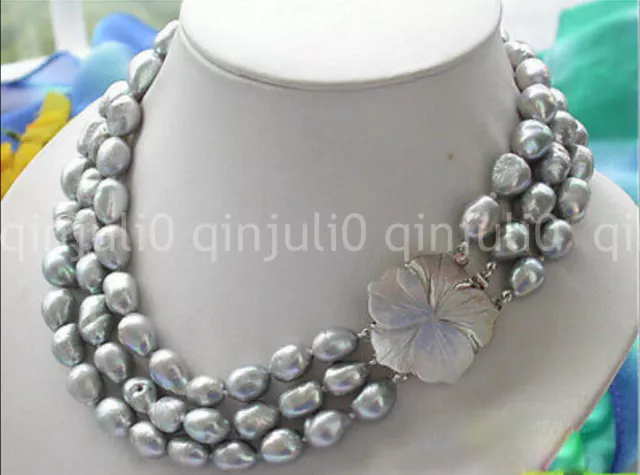 3 Row 8-9/9-10/10-11mm gray baroque freshwater cultured pearl Necklace 17-19"