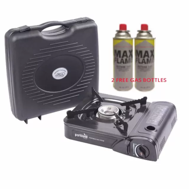 Portable Camping Gas Stove Cooker With Carry Case+ 2 Butane Gas Refill Bottles