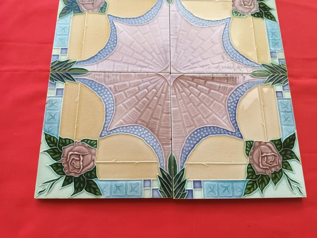 4 Piece Set Old Art Flower Design Embossed Majolica Ceramic Tiles Japan 0214 3