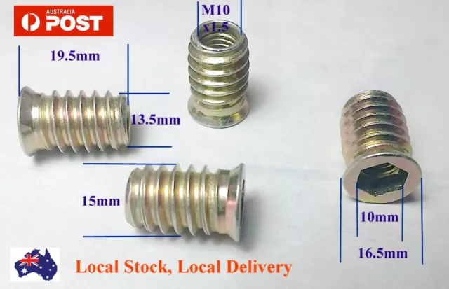 Qty 10 M10 20mm Hard Wood Timber Threaded Flange Zinc Steel Insert Allen Hex Nut