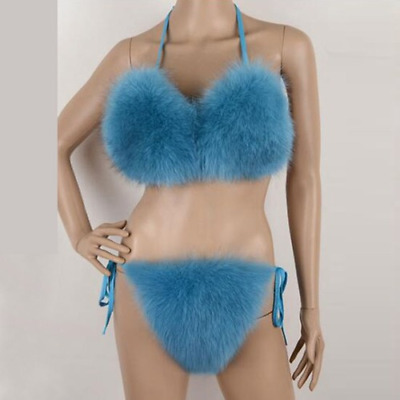 2Pcs Donna Sexy in pelliccia sintetica Costume da Bagno Bikini Spiaggia Reggiseno Intimo String Bikini Set