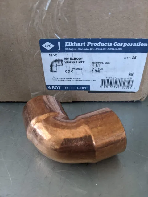 25 New Elkhart 107-C 1-1/4 Copper Solder Elbow Usa