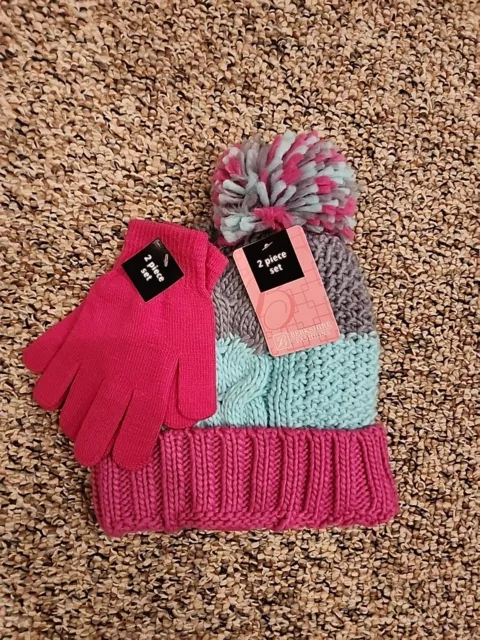 Berkshire Little Girls' 2-Pc winter set  Knitted Hat Gloves Set Pink Aqua NWT