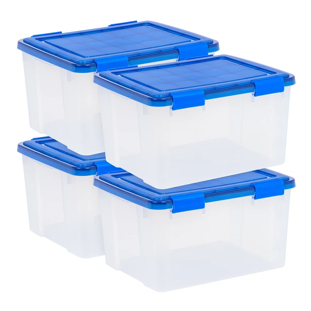 Gasket Clear Plastic Storage Box with Blue Lid, Set of 4，46 Quart