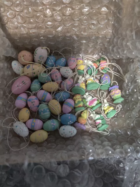 46 Mini Painted Wooden-Ceramic Easter Ornaments Eggs/Bunnies/Chicks No Tree