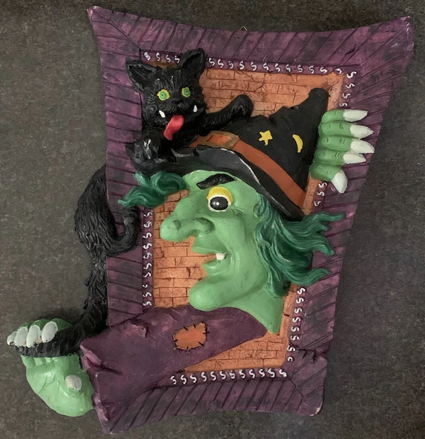 Vintage 2001 Spooky Hollow 3D Spookey Wall Plaque Halloween Witch Black Cat