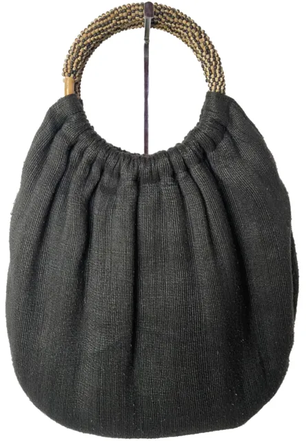 Vintage Woven Hobo Bag Handbag Aged Black Beaded Boho