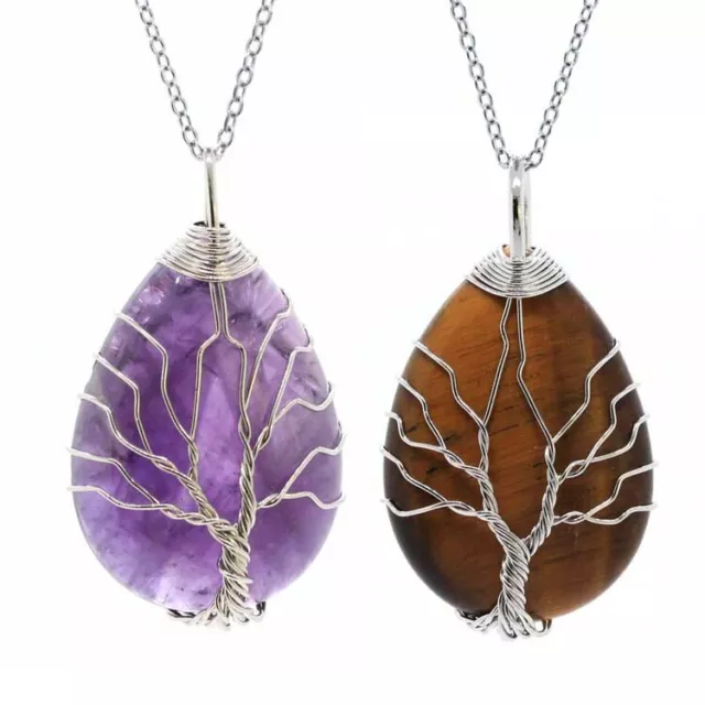 Natural Healing Crystal Quartz Wire Wrap Tree Life Drop Stone Pendant Necklace