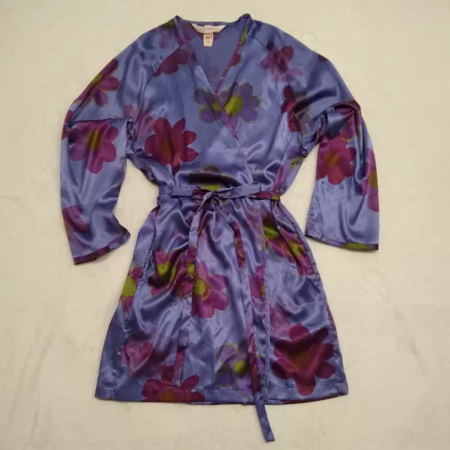 VTG Victoria's Secret SHORT PURPLE FLORAL Kimono Robe OS Pockets Washable NWT