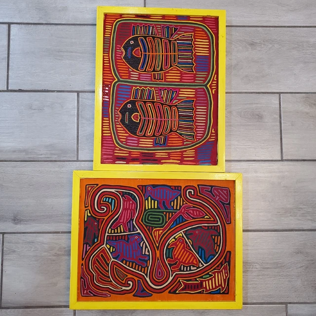 2 Vintage Hand Sewn Vibrant Colored  Detailed Panama Cuna Mola Framed Art